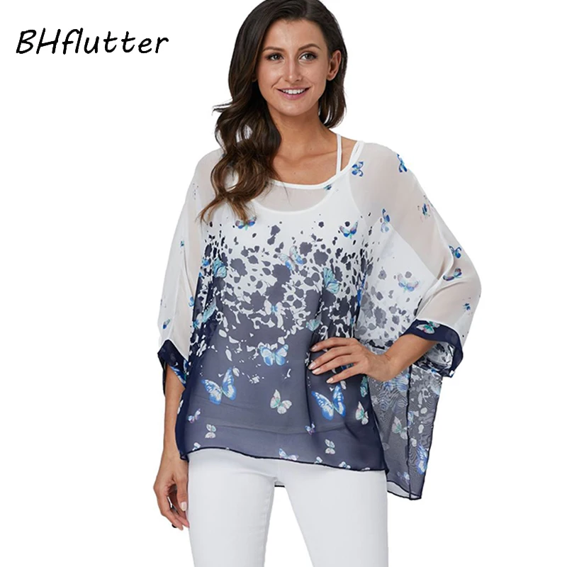 BHflutter 4XL 5XL 6XL Plus Size Blouse Shirt Women New Striped Print Summer Tops Tees Batwing Sleeve Casual Chiffon Blouses 2020