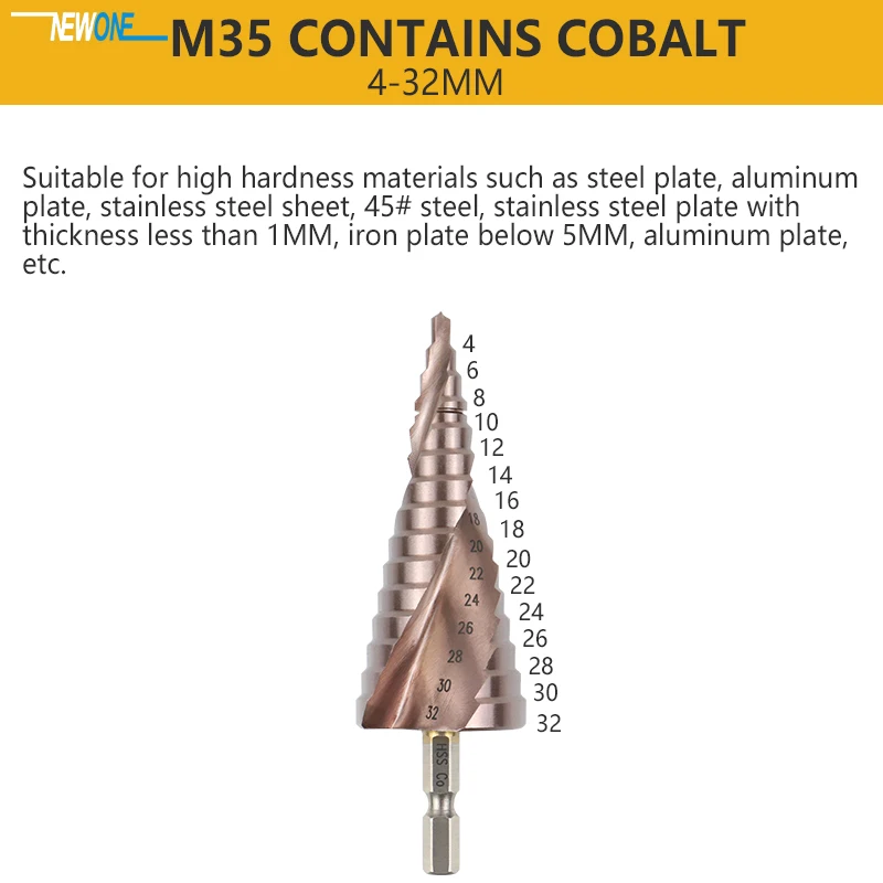 9-15 step Hex Shank 4-32mm Titanium HSS Step Drill Bit for Metal Spiral or Imperial Cone Drill Set Wood Hole Cutter Cobalt M35