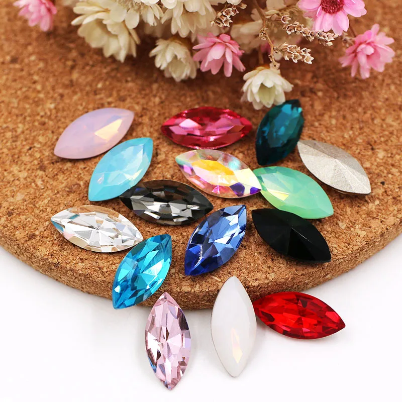 

Hot sale Leaf shape K9 glass crystal strass pointback non hotfix rhinestones for clothing/garment/shoes/bag