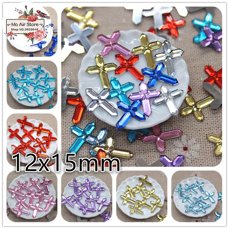 200pcs 12x15mm mix color Cross design Acrylic rhinestone Flat back Cabochon Art Supply Decoration Charm Craft