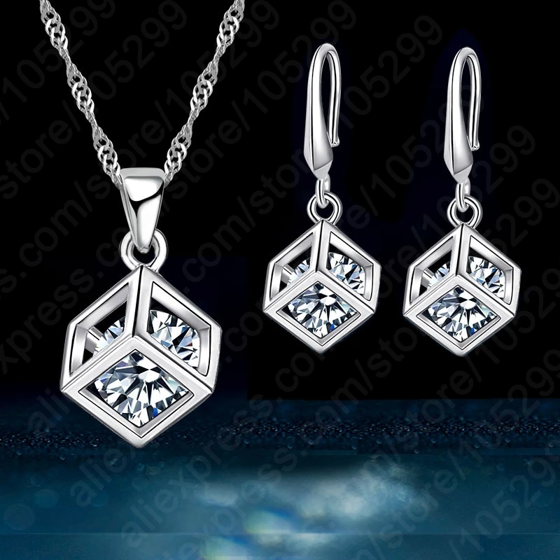 Happy Cube 925 Sterling Silver Needle Fine Jewelry Sets Inside Cubic Zirconia Square Pendant Necklace Earring Wedding Set Gifts