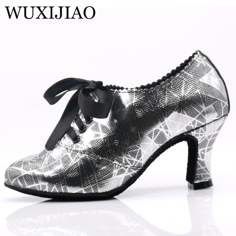 WUXIJIAO New PU Low Heels Black Shoes For Women Closed Toe Jazz Samba Teachers Dance Shoes Ballroom Salsa Latin Dance Shoes