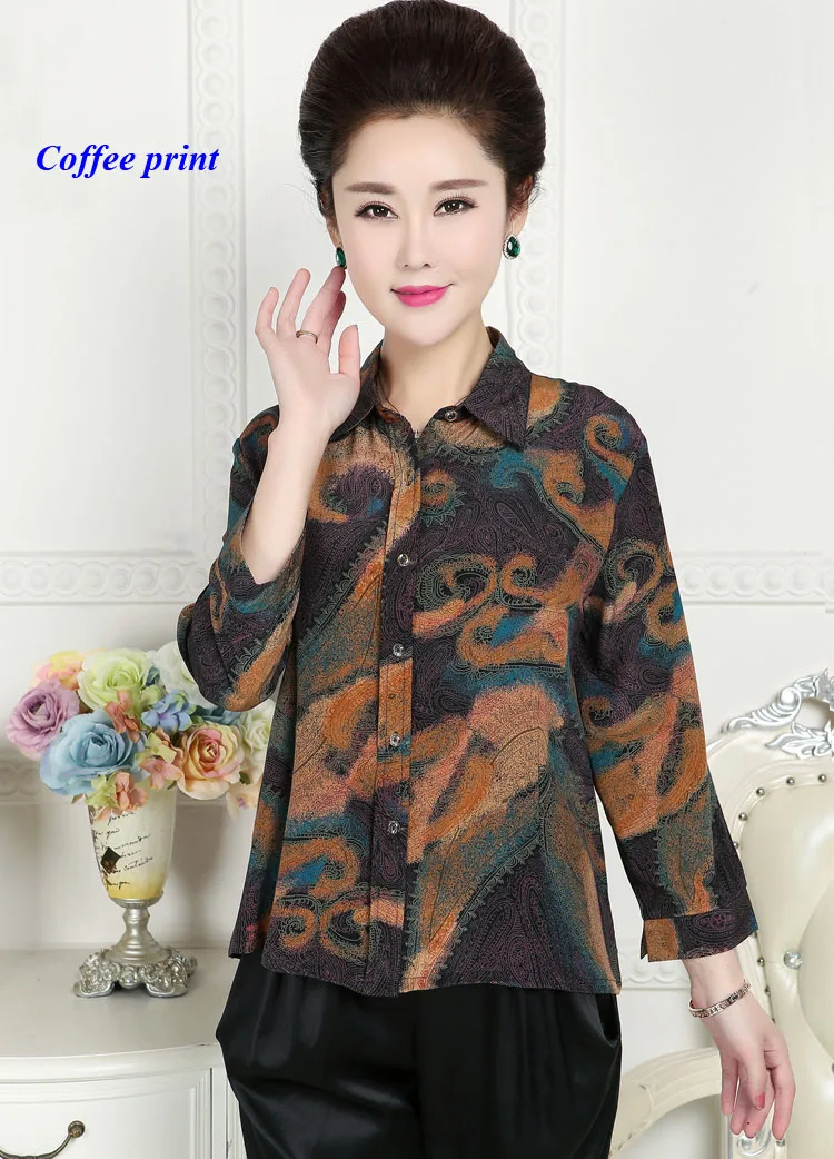 Lady pure silk crepe-de-chine turn-down collar shirt,100% silk nine sleeve print blouse women,with gift mask