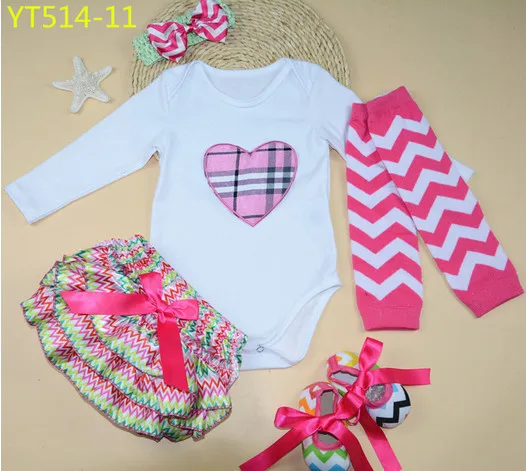 New Girls Christmas Sets Baby Infant Newborn Bodysuits+Toddler Shoes+ Chevron Leg Warmer+Ruffle Bloomers+Headband 5 piece Suit