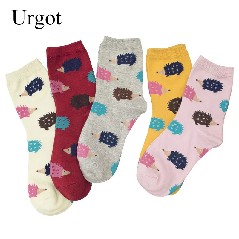 

Urgot 5 Pairs Women's Socks Funny Happy Cartoon Hedgehog Pattern Socks Women Combed Cotton High Quality Sock Calcetines Mujer