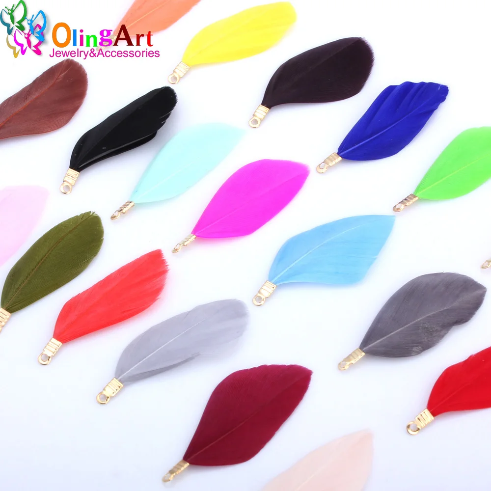 OlingArt Natural Feathers Multicolor 35MM 10pcs/Lot Golden Metal Clips DIY Necklace Earring Jewelry Making Straps Pendants