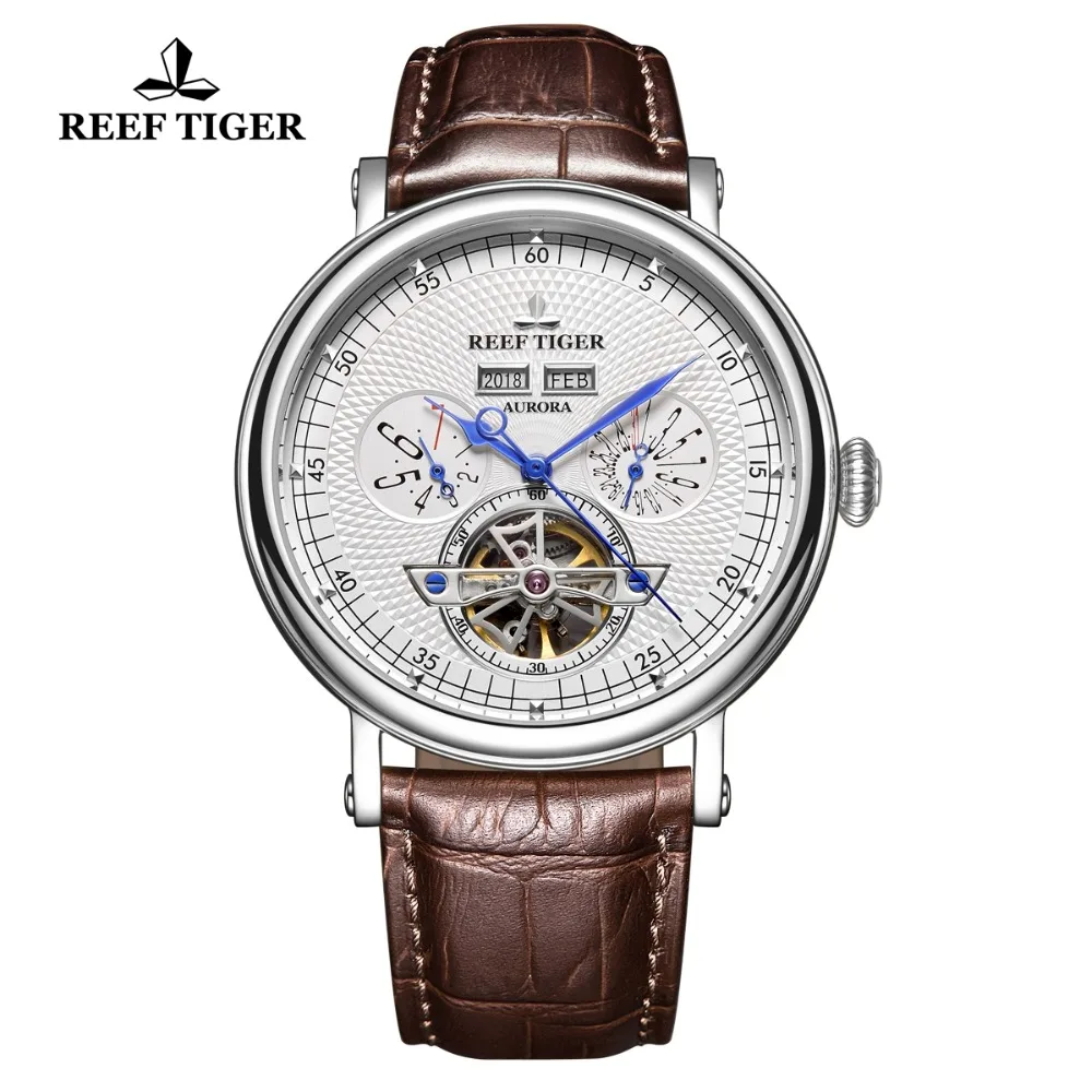 Reef Tiger/RT Top Brand Mechanical Watch Men Luxury Tourbillon Watches Genuine Leather Strap Perpetual Calendar Watches RGA1903