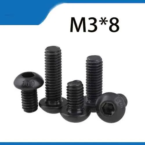 Free Shipping 100pcs M3x8 mm M3*8 mm yuan cup Half round pan head black grade 10.9 carbon Steel Hex Socket Head Cap Screw