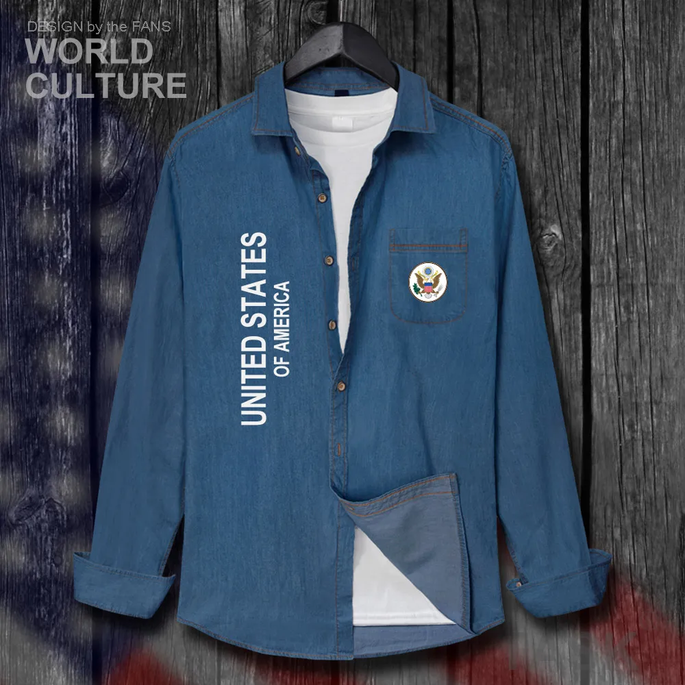 United States of America USA US Tops Men Clothes Autumn Jacket Long Sleeve Cowboy Casual Coat Turn-down Collar Jeans Shirt 20