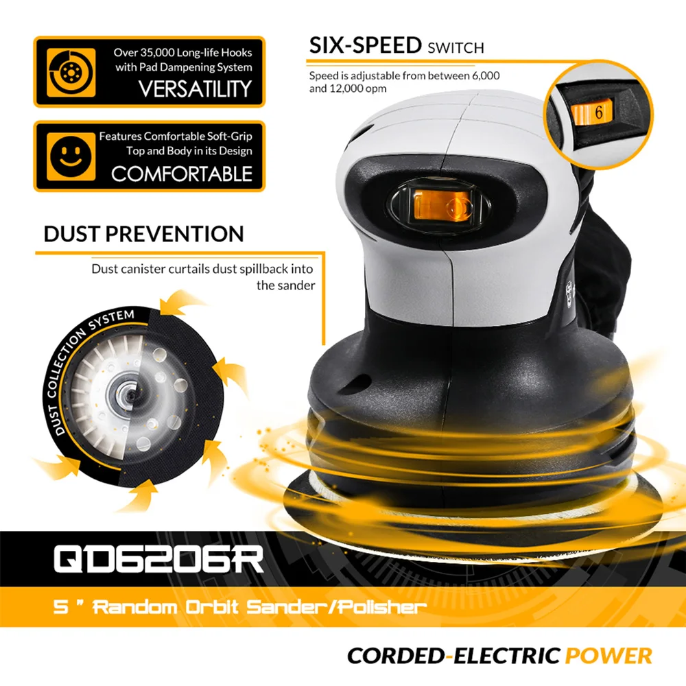 DEKO QD6206 280W Classic Casuale Orbita Levigatrice con il FAI DA TE Efficiente Sistema di Raccolta Della Polvere per la Lavorazione del Legno