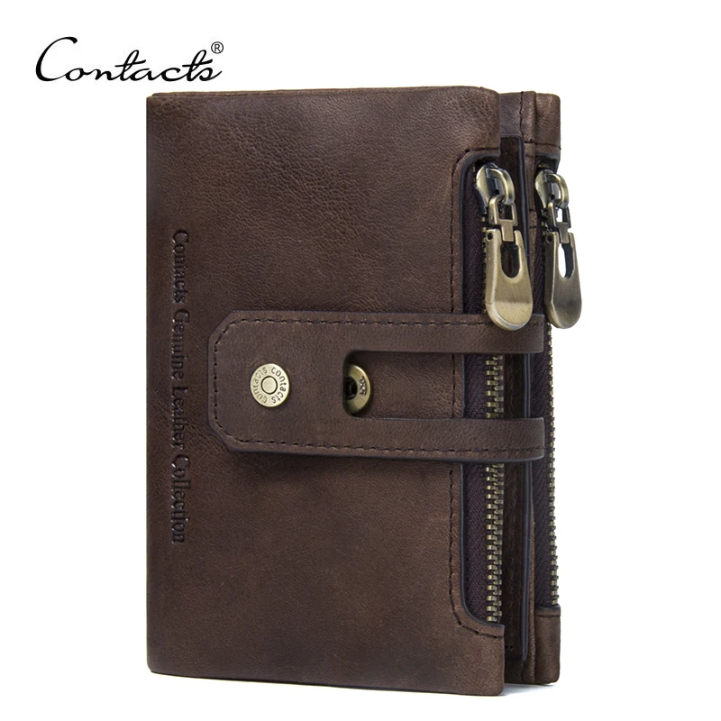 CONTACT\'S Genuine Leather Men Wallet Small Zipper&Hasp Male Short Coin Purse Brand Rfid Card Holder Money Clip Men\'s Bag Handbag