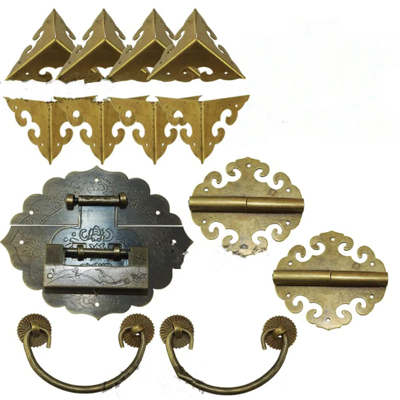 Brass Hardware Set Antique Wooden Box Knobs and Handles+Hinges+Latch+Lock+Corner Protector Furniture Decoration,Chinese Style