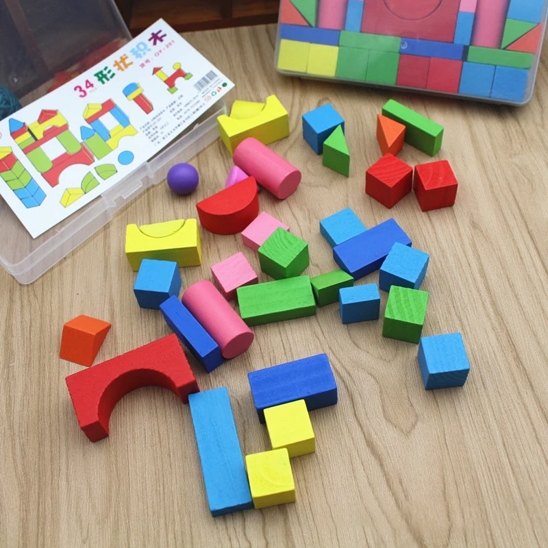 New 34pcs/Set Montessori Colorful Wood Building Blocks Bright Assemblage Block Early Educational Early Learning Toys For Kids