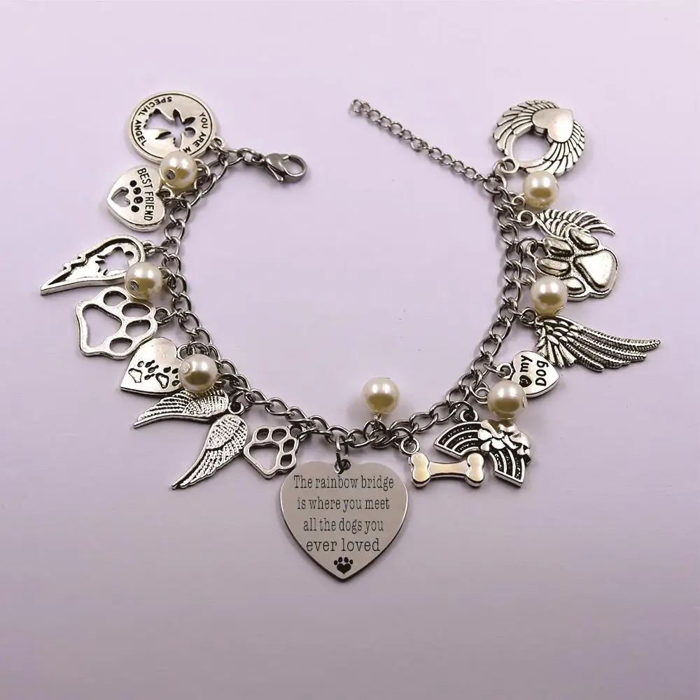 the rainbow bridge is where you meet  stainless steel chain dog angel pet loss pet owner dog lover memory gift bracelet