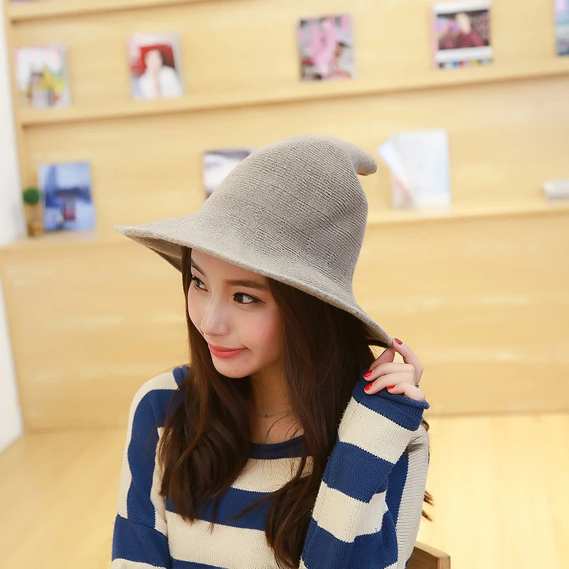 women modern witch hat men Along the sheep wool cap knitting fisherman hat Female fashion witch pointed basin bucket hat