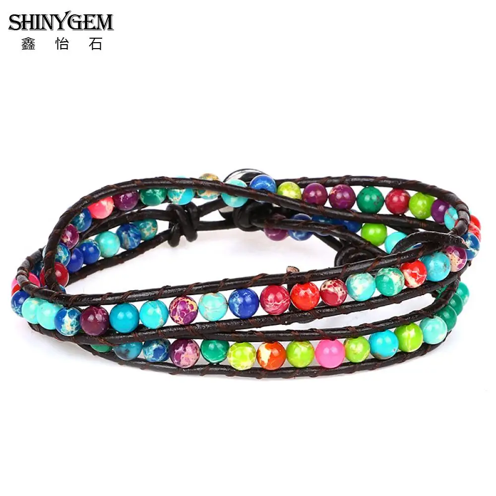 

ShinyGem 2020 Handmade Natural Stone Bracelet Colorful 4mm Jaspers Bead Genuine Leather Wrap Vintage For Women Contracted Style