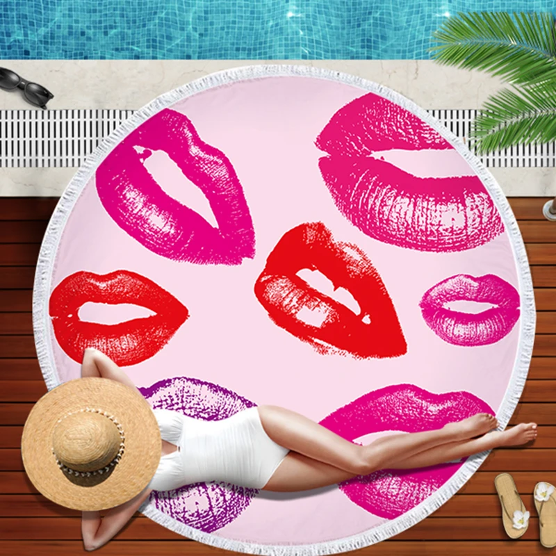 Sexy Lips Tropical Leaves Flowers Style Beach Towl Flamingo Portable Swimming Bath Drawstring Sport Yoga Blanket