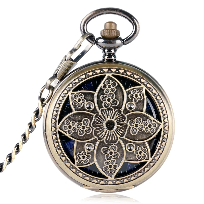 

Exquisite Luxury Lotus Flowers Mechanical Hand Wind Pocket Watch Fashion Carving Bronze Skeleton Fob Watches Gift Necklace Gift