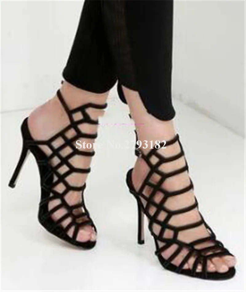 Brand Design Women Fashion Open Toe Suede Leather Stiletto Heel Gladiator Sandals Blue Red Cut-out High Heel Sandals Dress Shoes