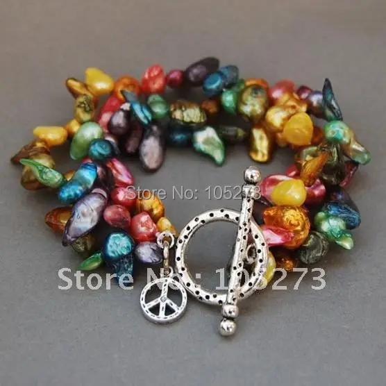 Rainbow Freshwater Cultured Baroque Pearl Toggle Peace Bracelet 7.5'inchs Women's Jewelry New Free Shipping FN2242