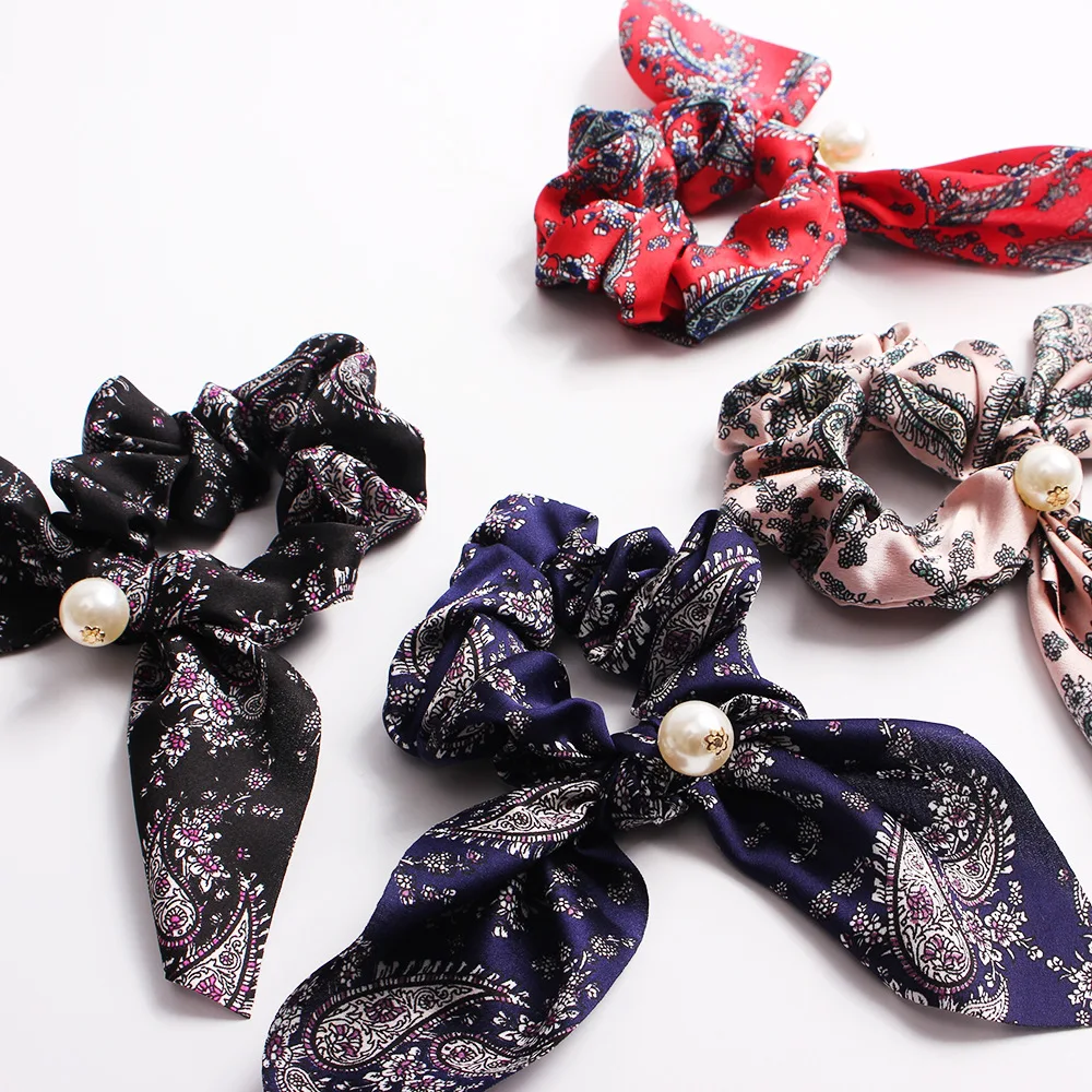 Bowknot Pearls Scrunchies Floral Hair Ties Bunny Ears Scrunchie Women Elastic Hair Bands Girls Headwear Printed Ponytail Holder