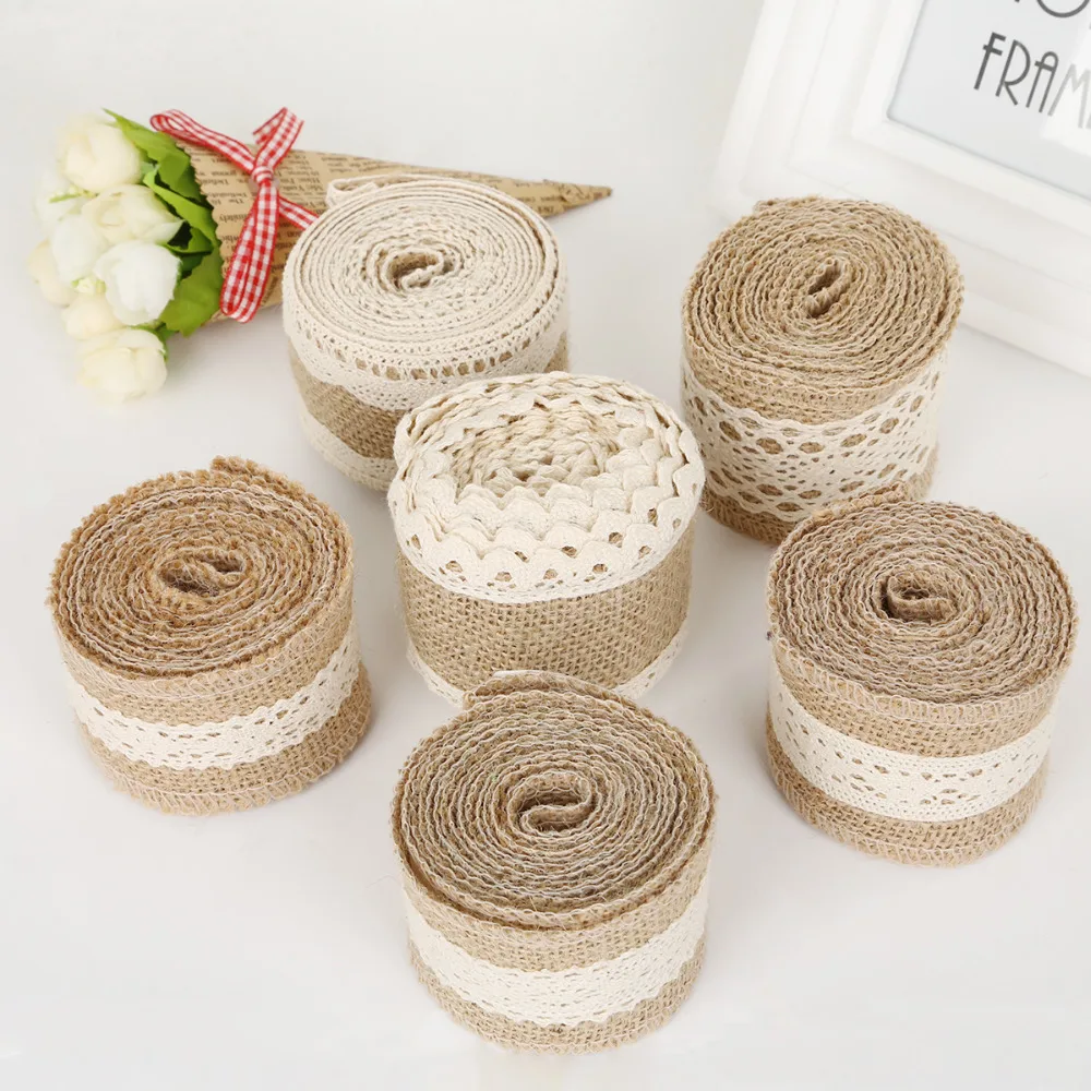 2M/lot Width 5cm/6cm Ivory Color Natural Jute Rolls Burlap Hessian Ribbons with Cotton Lace For DIY ornament burlap wedding