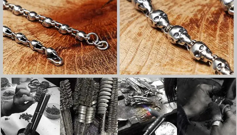 100% 925 Silver Skull Bracelet Vintage Sterling Silver Skeleton Chain Bracelet Real Pure Silver Skull Bracelet Jewelry Gift