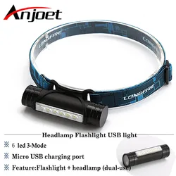 Anjoet 6 led 500LM ヘッドランプ 3 モードヘッドライト usb 充電式懐中電灯釣りフロントランタン狩猟ヘッドトーチでバッテリー