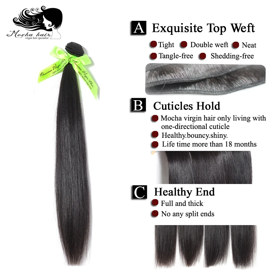 Mocha Hair  10A Peruvian Virgin Straight  Hair  Extension 8inch-26inch Nature Color  100%  Unprocessed Human Hair Weaves