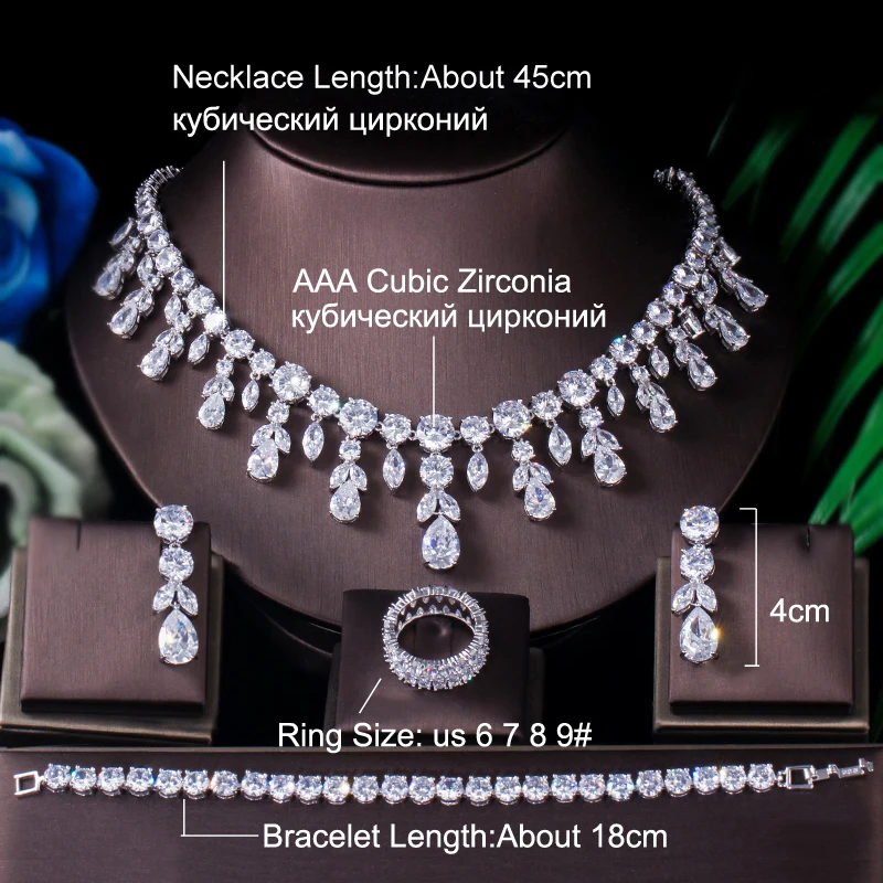 BeaQueen AAAAA Cubic Zirconia Women Heavy Necklace Earrings Bracelet Ring 4pcs Dubai Full Bridal Wedding Jewelry Sets JS183