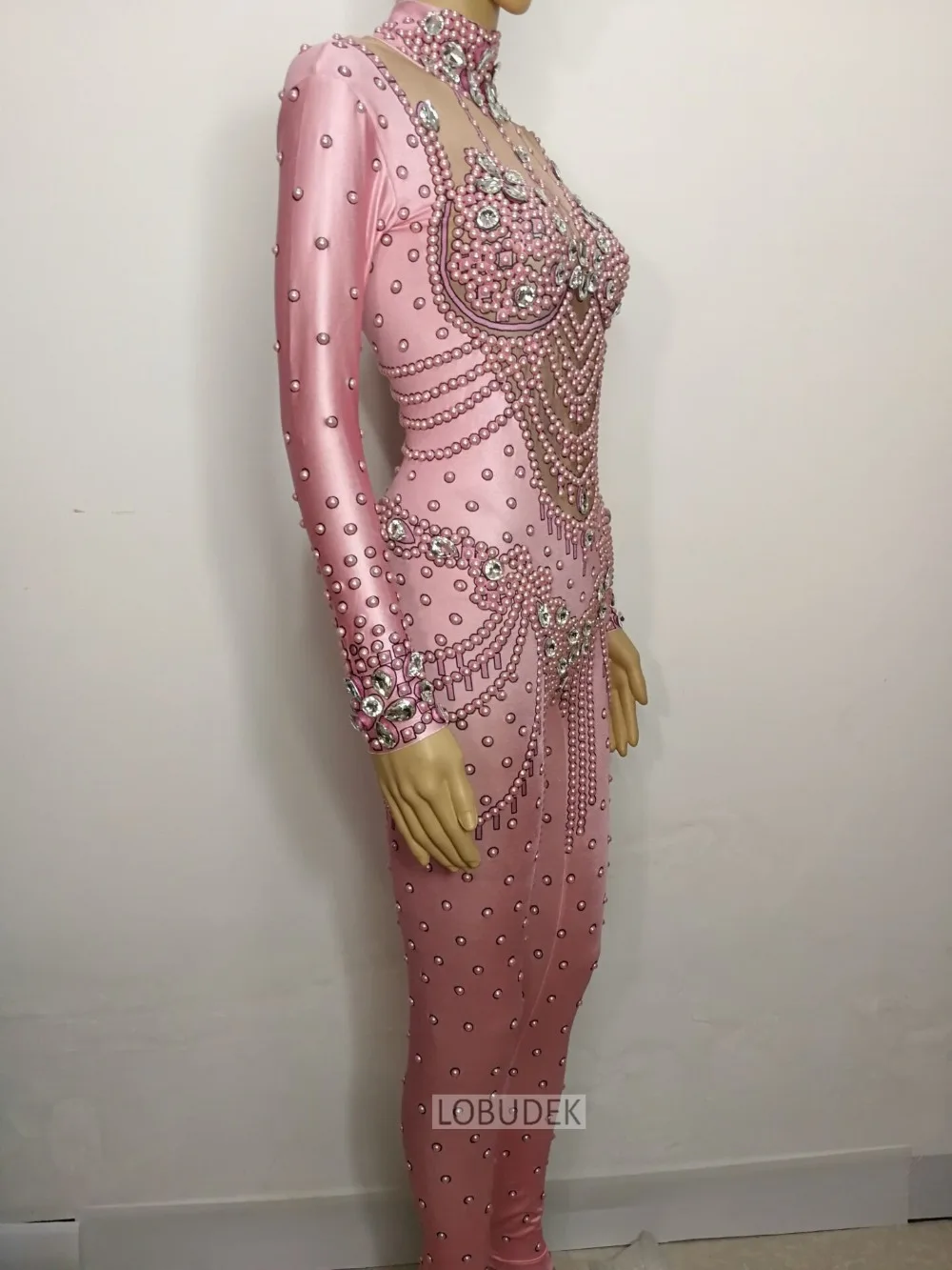 Pink Pearl Rhinestones Skinny Jumpsuit Women Singer Bar Stage Performance Costume Birthday Celebrate Party Festival Clothing