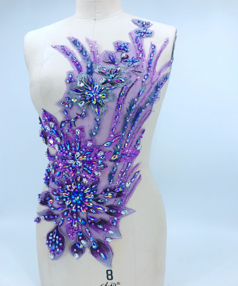 Three-dimensional flower sew on rhinestones beads purple lace applique trim patches 60*28cm for dress accessory