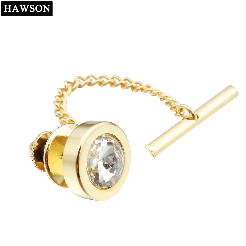 HAWSON White Crystal Inlaid Tie Tack/Pin Golden with Safety Chain Wedding/Business Accessories Men's Jewelry Gift for Men