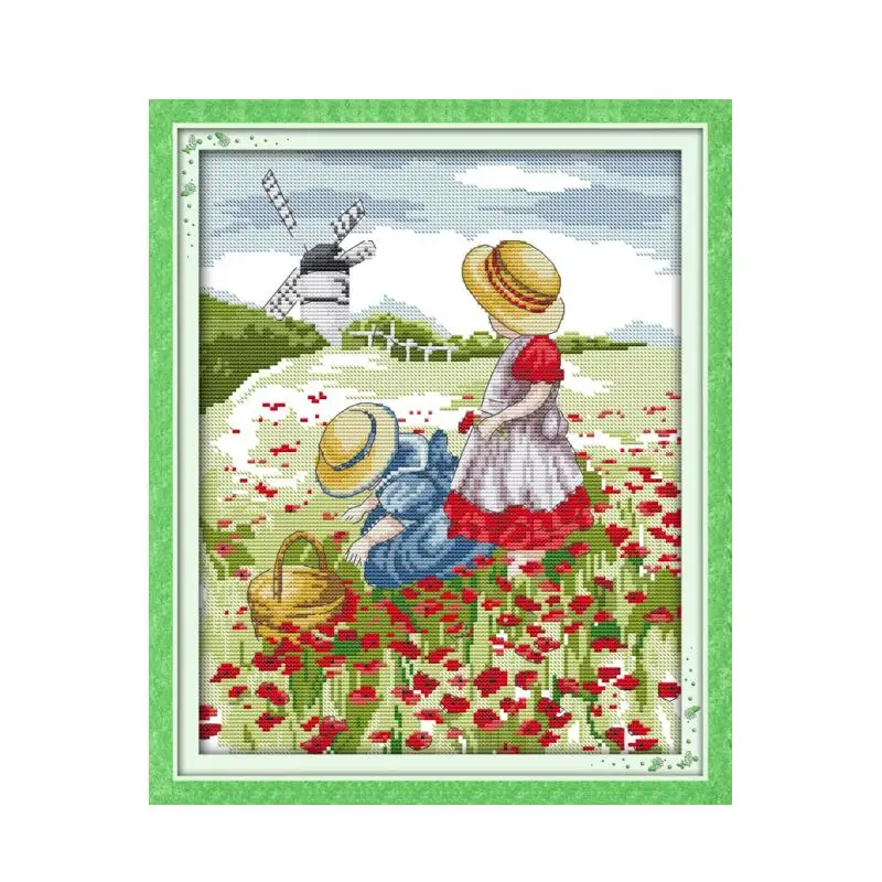 Joy Sunday Poppy flower field small size 14CT 11CT printing cross stitch kit little girl handicraft decoration sister figure