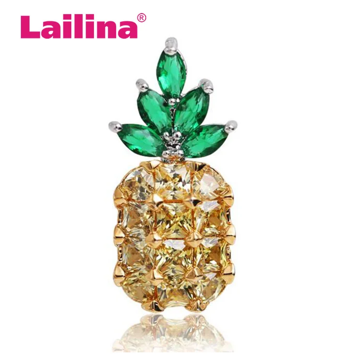 

New arrival Yellow and Green Crystal Rhinestone Fruit Pineapple Brooch Pins for Girl in Gold Color Plated