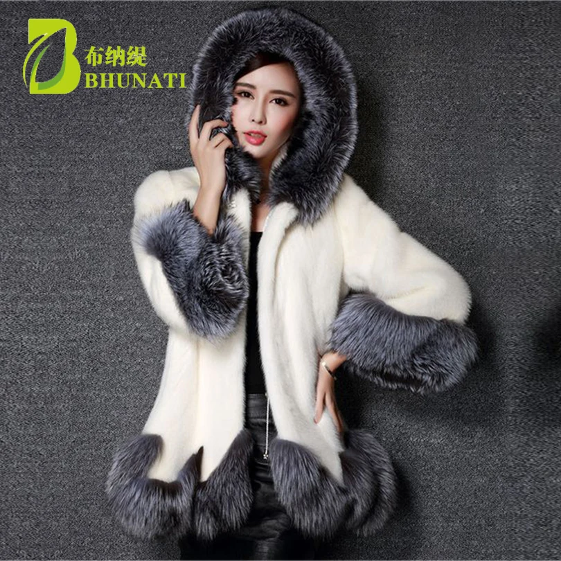 Large Size 3XL Thick Warm Faux Fur Coat Black artificial White fur coat hooded manteau fourrure femme black and white mink coat