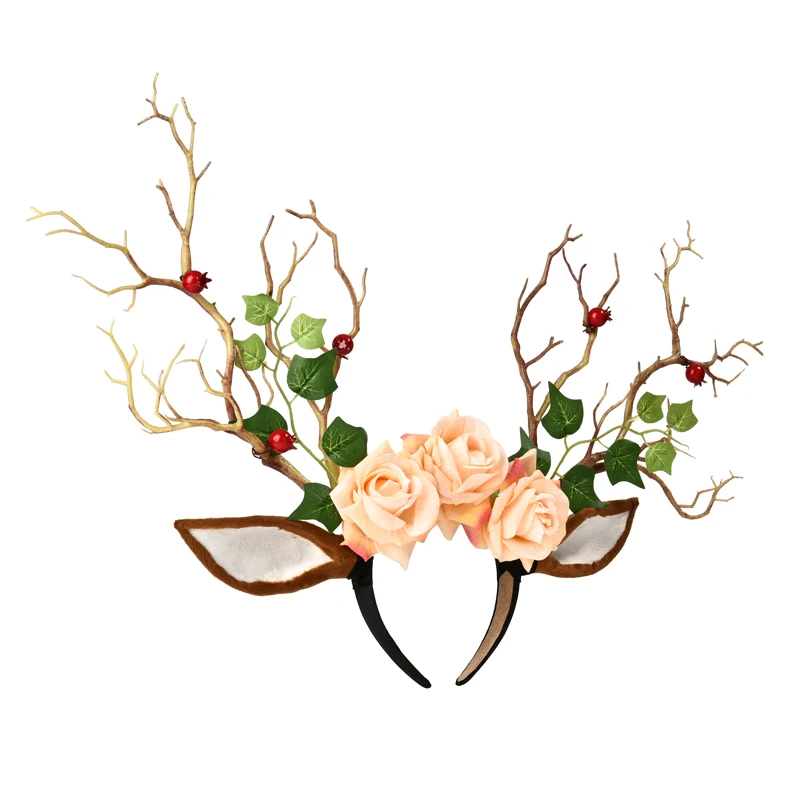 Retro Vintage Deer Ears Tree Branches Headband Sheep Horns Leaf Roses Headdress  Halloween Party Cosplay Hair Fancy Dress