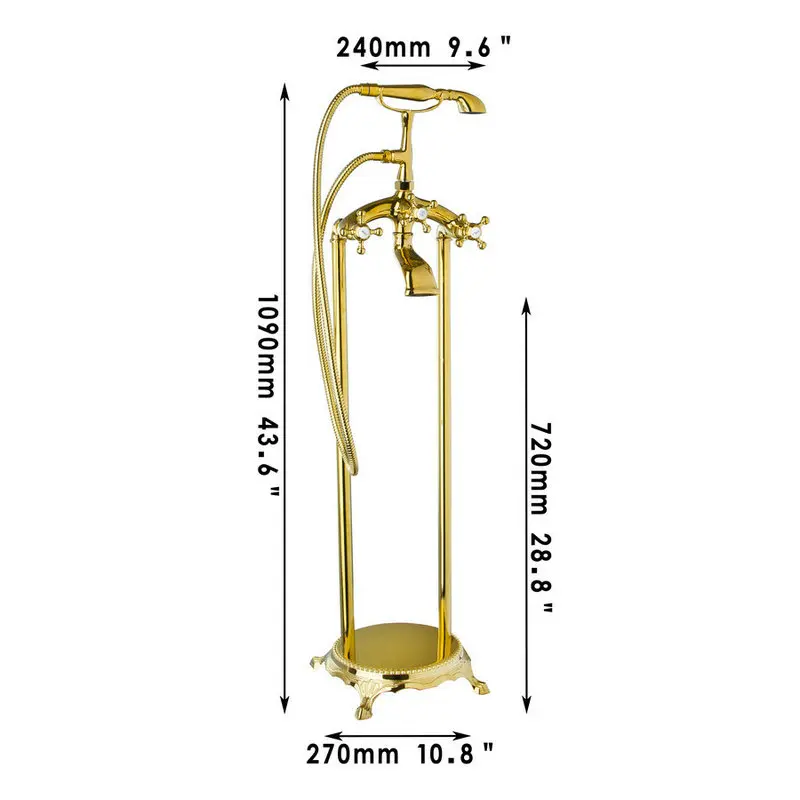 OUBONI Golden Plated Bathroom Shower Set Floor Mount Freestanding Bathtub Filler Bath Tub Faucet