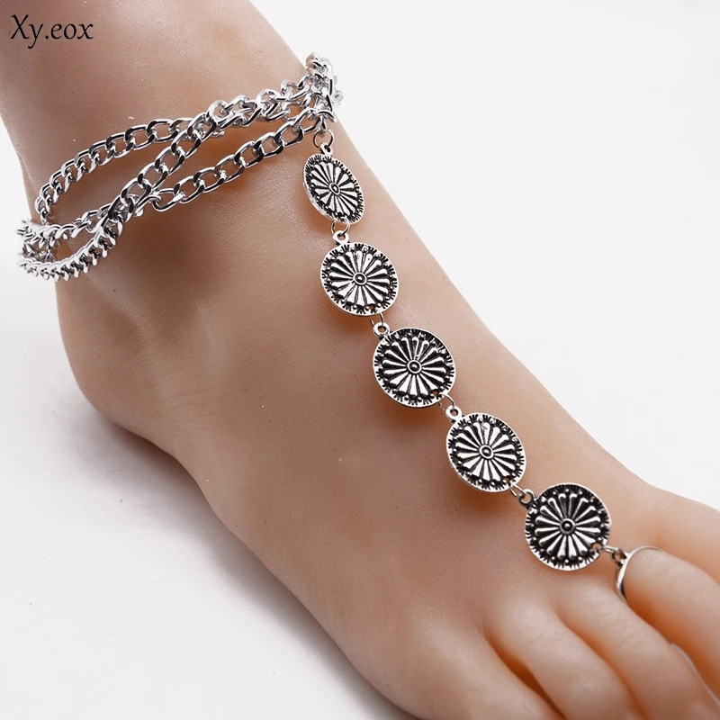 Women Adjustable Silver Coin Barefoot Sandal Foot Thong Anklet Toe Ring Jewelry