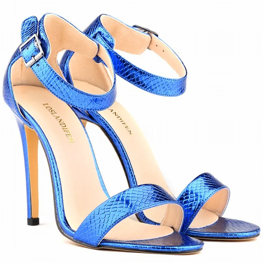 LOSLANDIFEN Sexy Stiletto Party Sandals Women Open Toe Ankle Buckle High Heels Pumps New Faux Crocodile Lady Wedding Dress Shoes