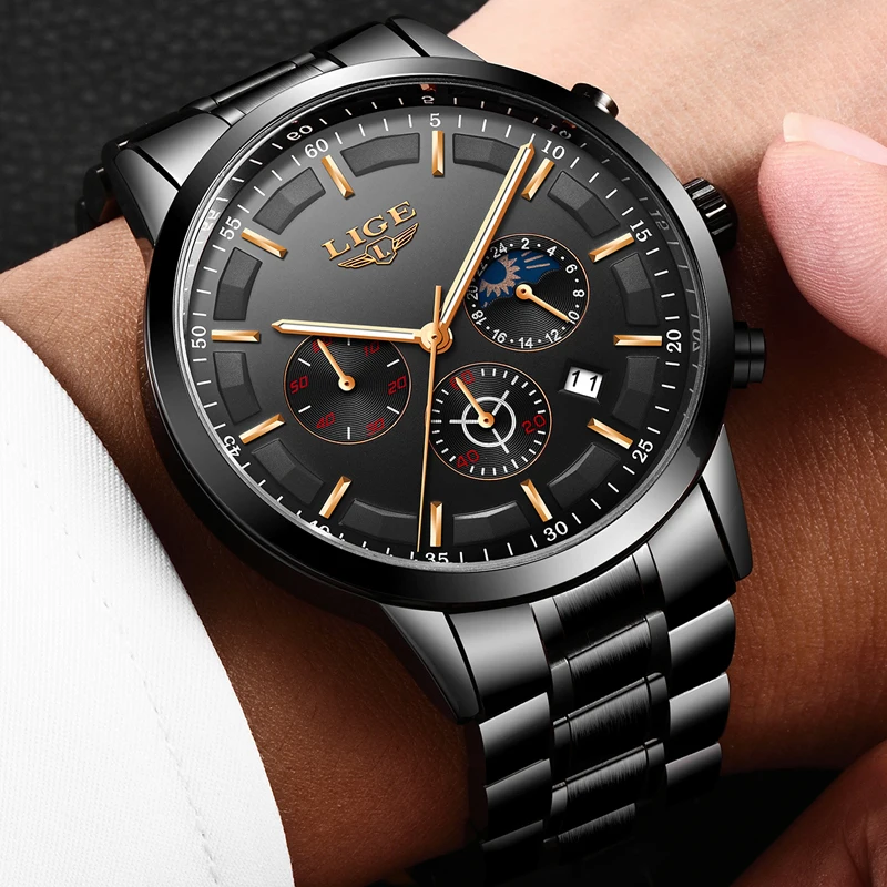 LIGE Fashion Sport Quartz Man Watch Top Brand Luxury Business Clock Watches for Men Waterproof Chronograph Relogio Masculino+Box