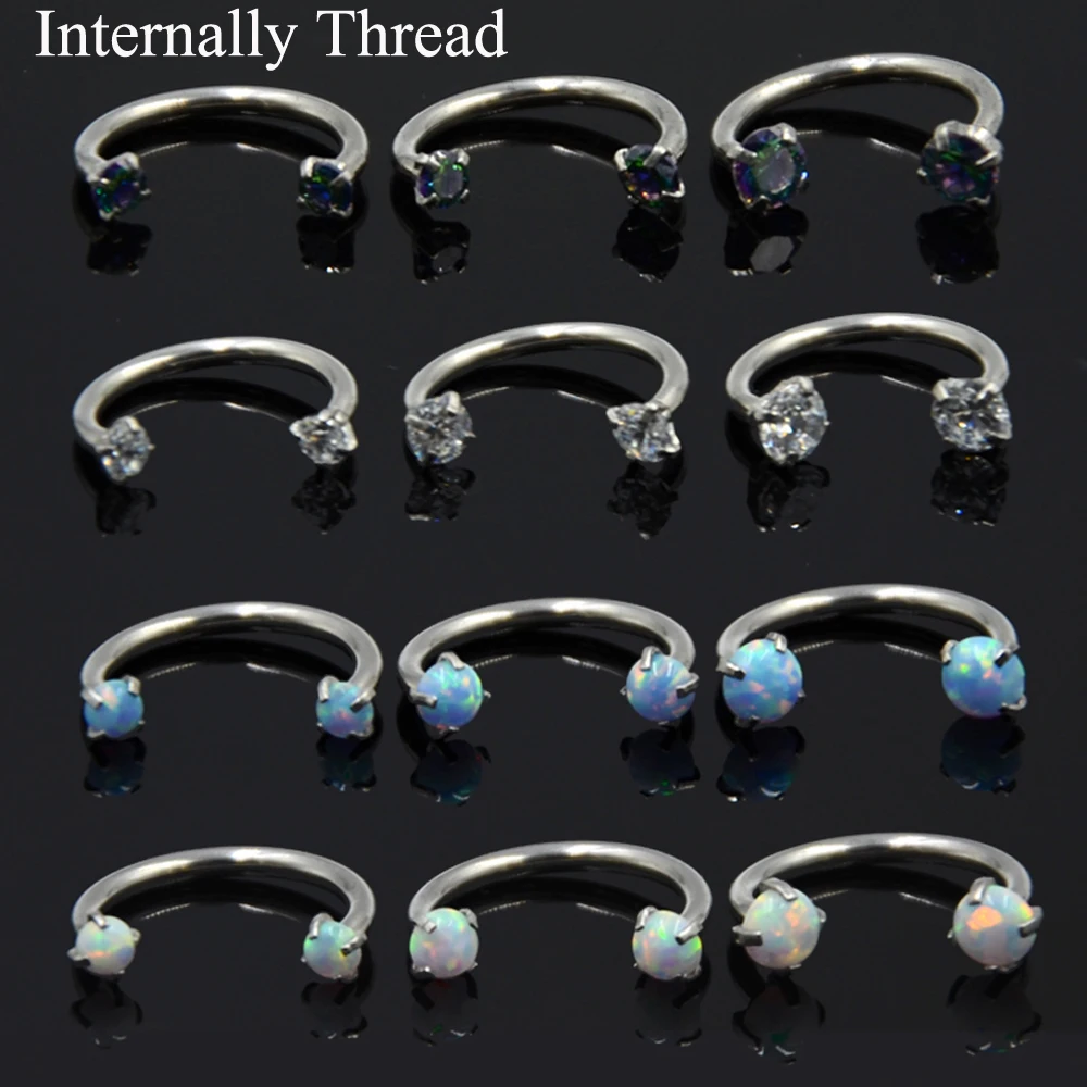 3Pcs Mixed Size Internally Thread Opal Zircon Horseshoe Circular Barbell Ear Cartilage Helix Septum Nose Labret Piercing Jewelry