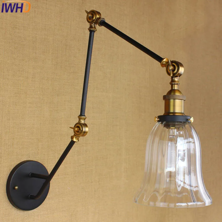 

IWHD Swing Long Arm Wall Lamp Loft Retro Iron Led Wall Lights For Home Lighting Stairs Luminaria De Pareda Glass Arandela Sconce