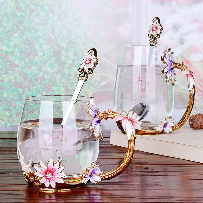 

Luxury Creative enamel cups Transparent Crystal Carve patterns Glass Cup For water tea coffee Home Drinking ware wedding gifts