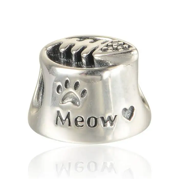 

New Brand Clear CZ Meow Charm Original 925 Sterling Silver Fish Bone Cat Bowl Charms Diy Suitable for Pandora Charm Bracelets