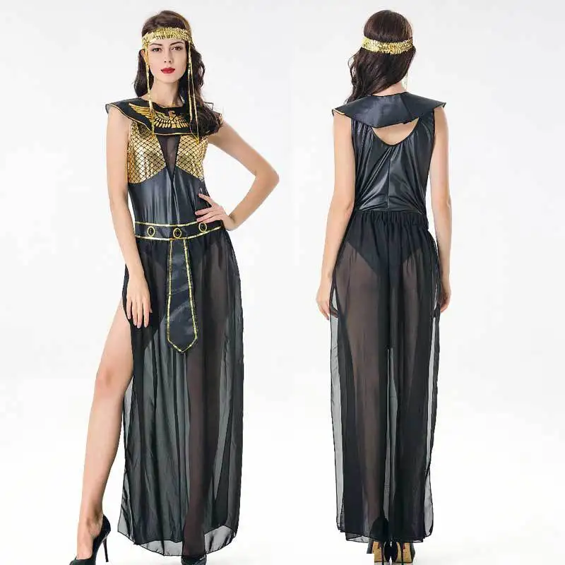 

Black Sexy PU Leather Stitching Mesh Greek Goddess Costume Halloween Medieval Egyptian Cleopatra Cosplay Fancy Dress