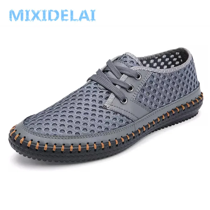 MIXIDELAI-zapatos informales de malla transpirable para hombre, mocasines cómodos hechos a mano con cordones, 38-48 talla grande, novedad de verano