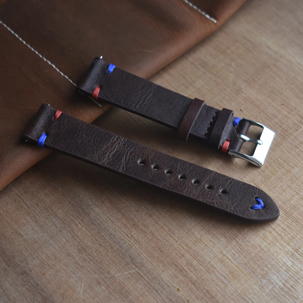 Handmade WatchBand Genuine Soft Leather Strap Watch Wristband Replacement 18mm 20mm 22mm 24mm Dark Brown Red with Blue Stitching