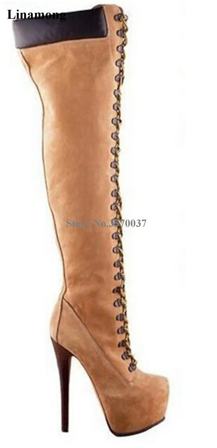 

Women Brand Design Round Toe Suede Leather High Platform Over Knee Boots Lace-up Super High Heel Long Boots Party Boots