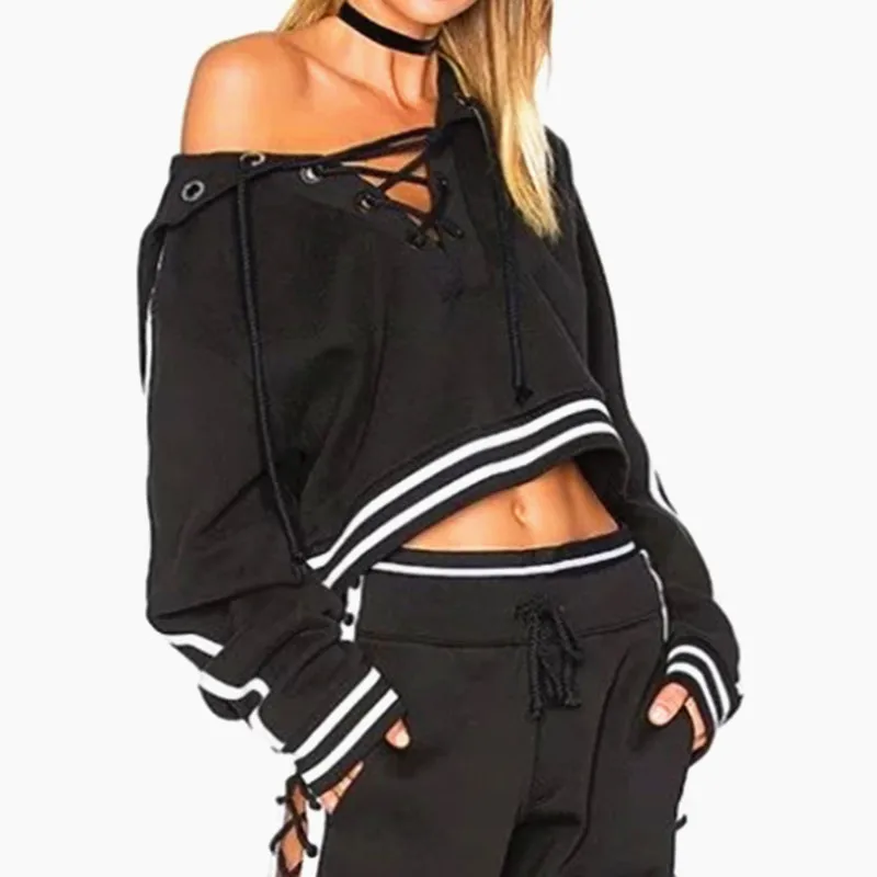 

Women's V-Neck Long Sleeve Cropped Top Tracksuit, Sexy Chic Lace Up Sweatshirt, Knitted Sweatshirt, Autumn, Winter, New